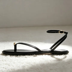 Unique Metal Detail Flat Sandals for Ankle Straps Buckle Designer Shoes