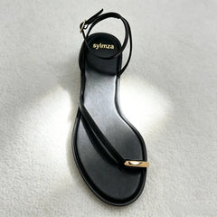 Unique Metal Detail Flat Sandals for Ankle Straps Buckle Designer Shoes