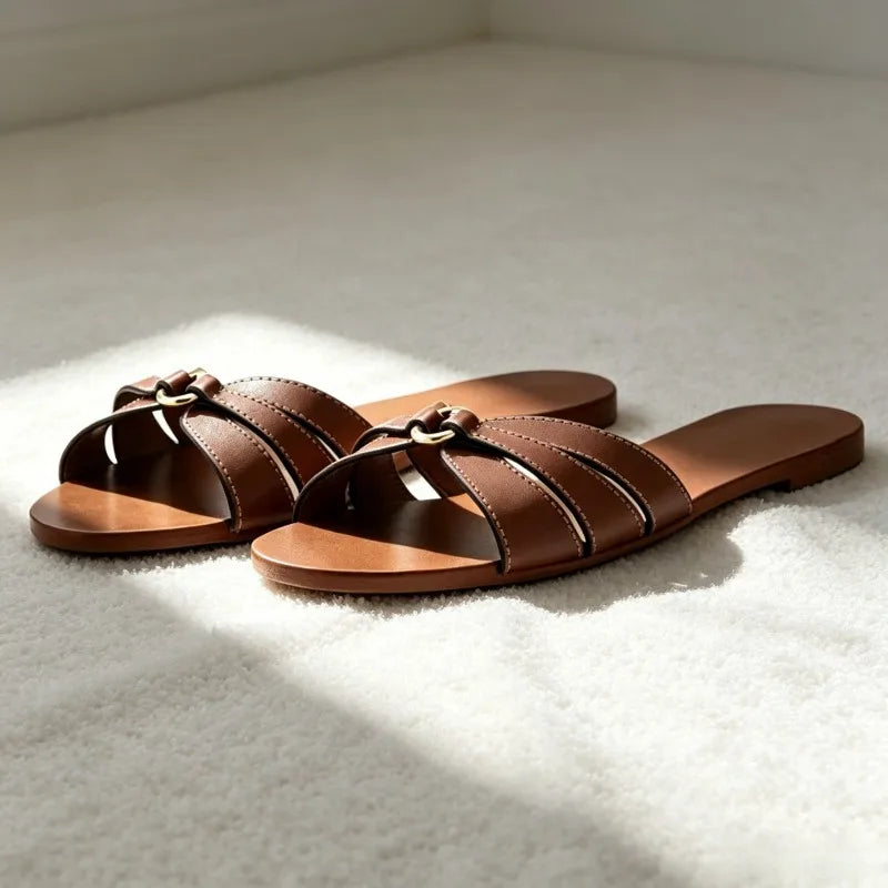 Unique Metal-decorated Flat Sandals Novelty Sewing Narrow Band Designer Shoes