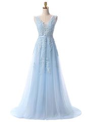 V Neck A Line Sleeveless Floor Length Lace Applique Party Prom Dresses