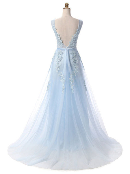 V Neck A Line Sleeveless Floor Length Lace Applique Party Prom Dresses