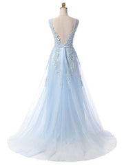 V Neck A Line Sleeveless Floor Length Lace Applique Party Prom Dresses