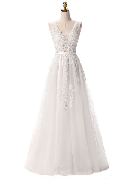 V Neck A Line Sleeveless Floor Length Lace Applique Party Prom Dresses