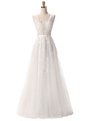 V Neck A Line Sleeveless Floor Length Lace Applique Party Prom Dresses