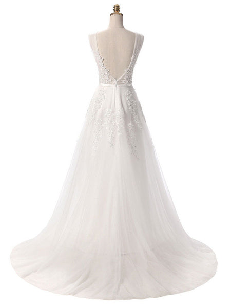 V Neck A Line Sleeveless Floor Length Lace Applique Party Prom Dresses