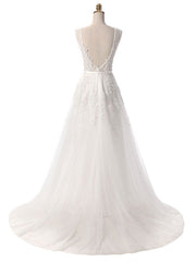 V Neck A Line Sleeveless Floor Length Lace Applique Party Prom Dresses