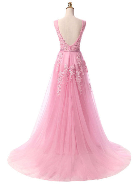 V Neck A Line Sleeveless Floor Length Lace Applique Party Prom Dresses