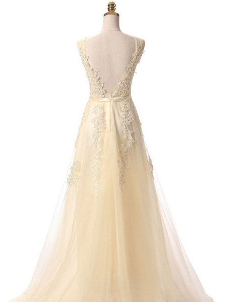 V Neck A Line Sleeveless Floor Length Lace Applique Party Prom Dresses