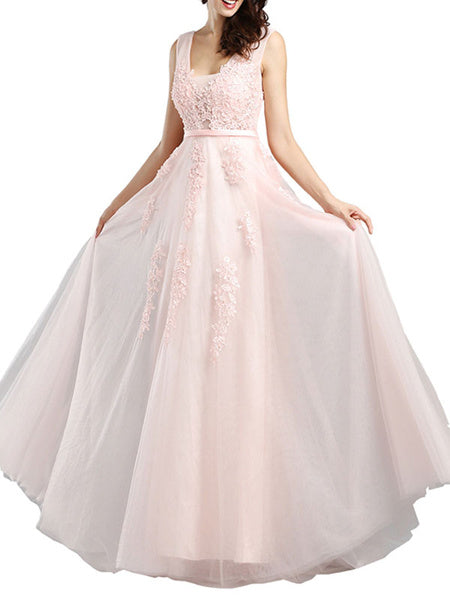 V Neck A Line Sleeveless Floor Length Lace Applique Party Prom Dresses