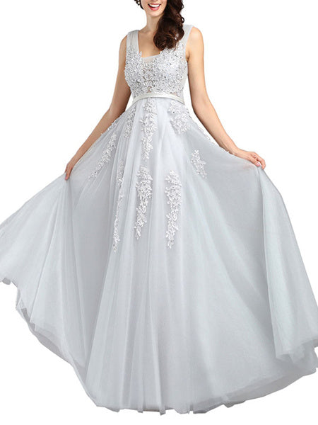 V Neck A Line Sleeveless Floor Length Lace Applique Party Prom Dresses