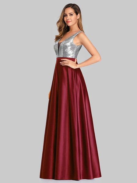 V Neck A Line Sleeveless Sequins Floor Length Wedding Guest Prom Dresses