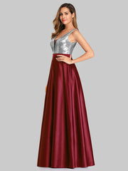 V Neck A Line Sleeveless Sequins Floor Length Wedding Guest Prom Dresses