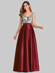 V Neck A Line Sleeveless Sequins Floor Length Wedding Guest Prom Dresses