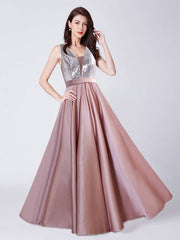 V Neck A Line Sleeveless Sequins Floor Length Wedding Guest Prom Dresses