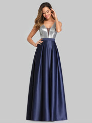 V Neck A Line Sleeveless Sequins Floor Length Wedding Guest Prom Dresses