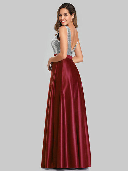V Neck A Line Sleeveless Sequins Floor Length Wedding Guest Prom Dresses