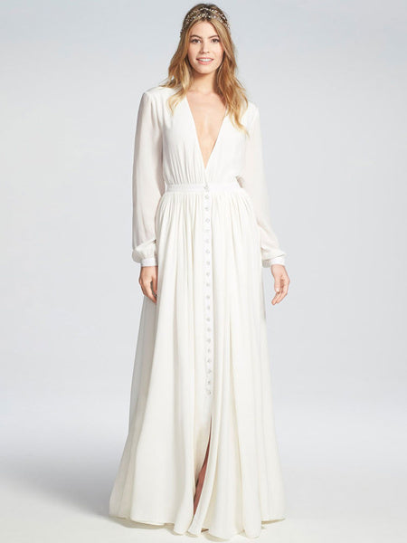 V Neck Buttons Long Sleeves Semi Formal Dress