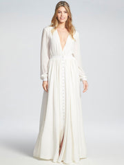 V Neck Buttons Long Sleeves Semi Formal Dress