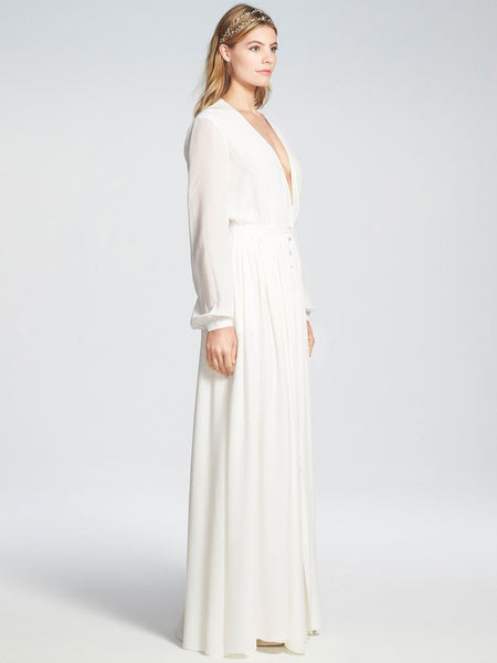 V Neck Buttons Long Sleeves Semi Formal Dress