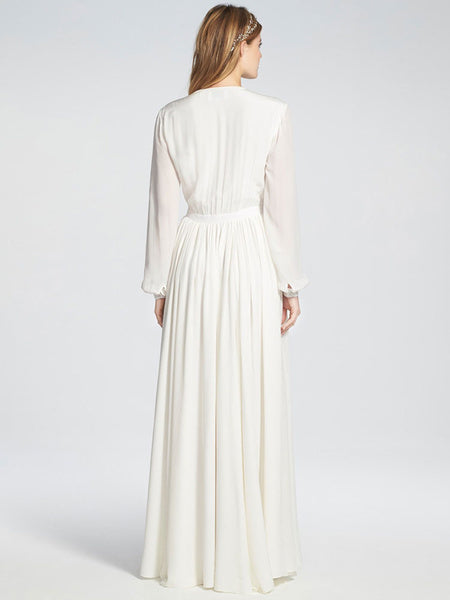 V Neck Buttons Long Sleeves Semi Formal Dress