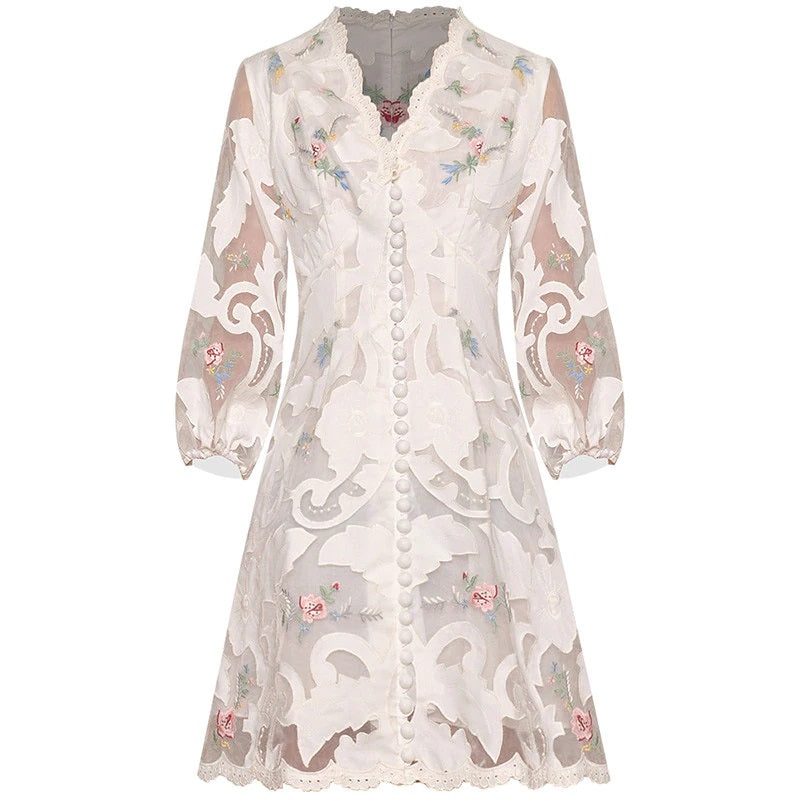 V-Neck Lantern Sleeve Applique Embroidery Dress