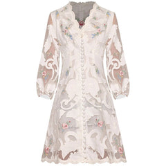 V-Neck Lantern Sleeve Applique Embroidery Dress