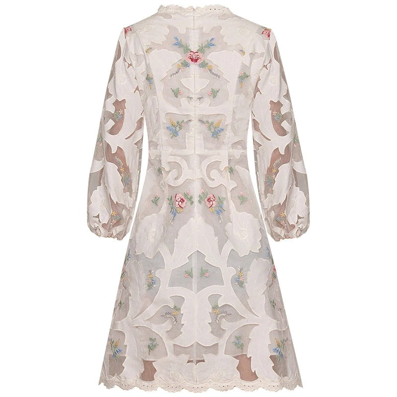 V-Neck Lantern Sleeve Applique Embroidery Dress