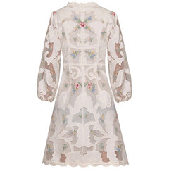 V-Neck Lantern Sleeve Applique Embroidery Dress