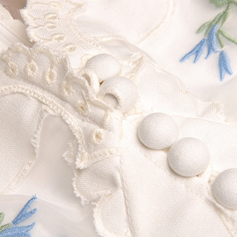 V-Neck Lantern Sleeve Applique Embroidery Dress