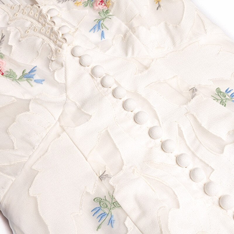 V-Neck Lantern Sleeve Applique Embroidery Dress