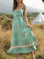 V Neck Floral Print Backless Beach Dress
