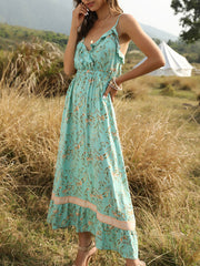V Neck Floral Print Backless Beach Dress