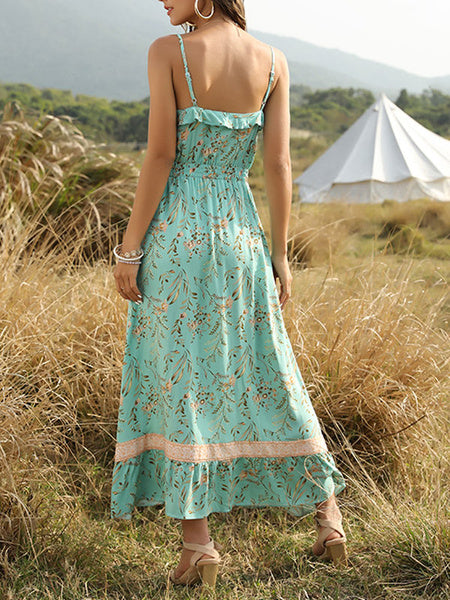 V Neck Floral Print Backless Beach Dress