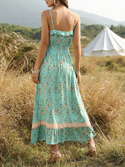 V Neck Floral Print Backless Beach Dress