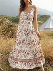 V Neck Floral Print Backless Beach Dress