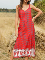 V Neck Floral Print Beach Maxi Dress