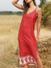 V Neck Floral Print Beach Maxi Dress