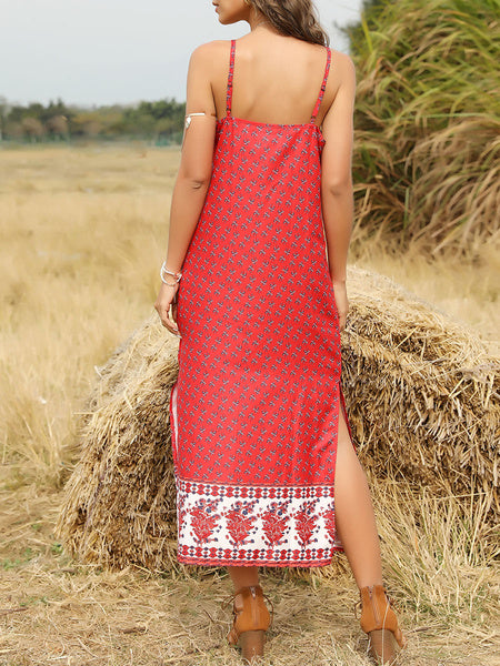 V Neck Floral Print Beach Maxi Dress