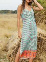 V Neck Floral Print Beach Maxi Dress