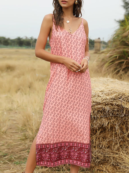 V Neck Floral Print Beach Maxi Dress