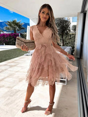 V Neck High Waist Solid Patchwork Mesh Asymmetrical Casual Party Dress