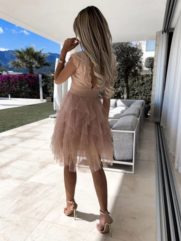 V Neck High Waist Solid Patchwork Mesh Asymmetrical Casual Party Dress