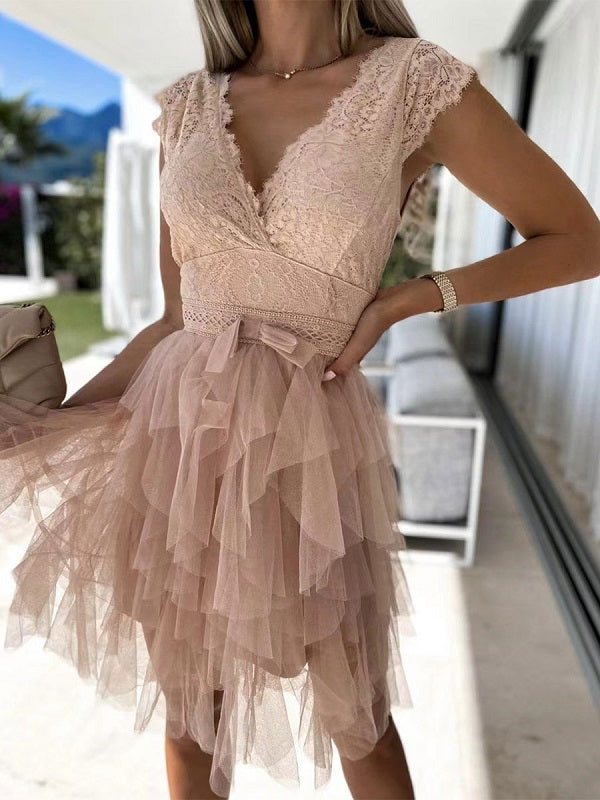V Neck High Waist Solid Patchwork Mesh Asymmetrical Casual Party Dress