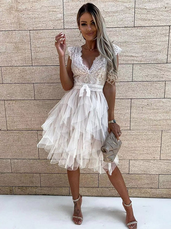 V Neck High Waist Solid Patchwork Mesh Asymmetrical Casual Party Dress
