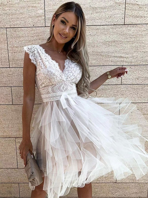 V Neck High Waist Solid Patchwork Mesh Asymmetrical Casual Party Dress