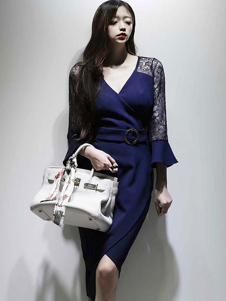 Lace Shaping V Neck 3/4-Length Sleeve Party Bodycon Dress