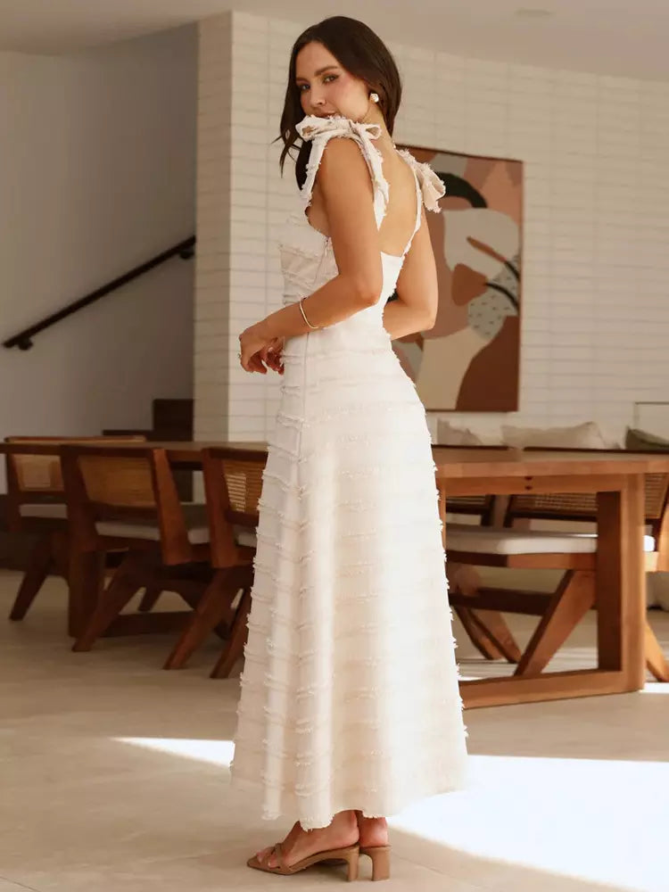 Elegant V-Neck Layered With Bow Shoulder Strap Long Maxi Dress
