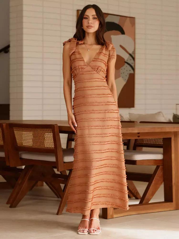 Elegant V-Neck Layered With Bow Shoulder Strap Long Maxi Dress