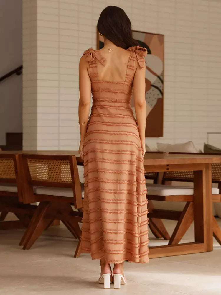 Elegant V-Neck Layered With Bow Shoulder Strap Long Maxi Dress