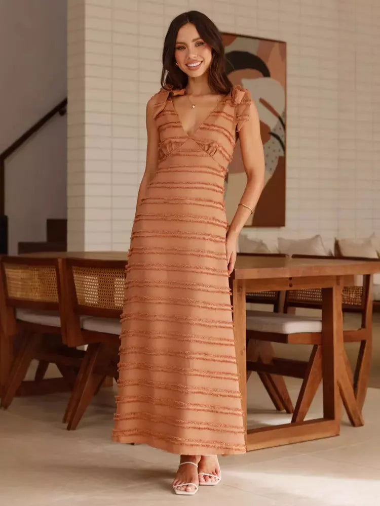 Elegant V-Neck Layered With Bow Shoulder Strap Long Maxi Dress